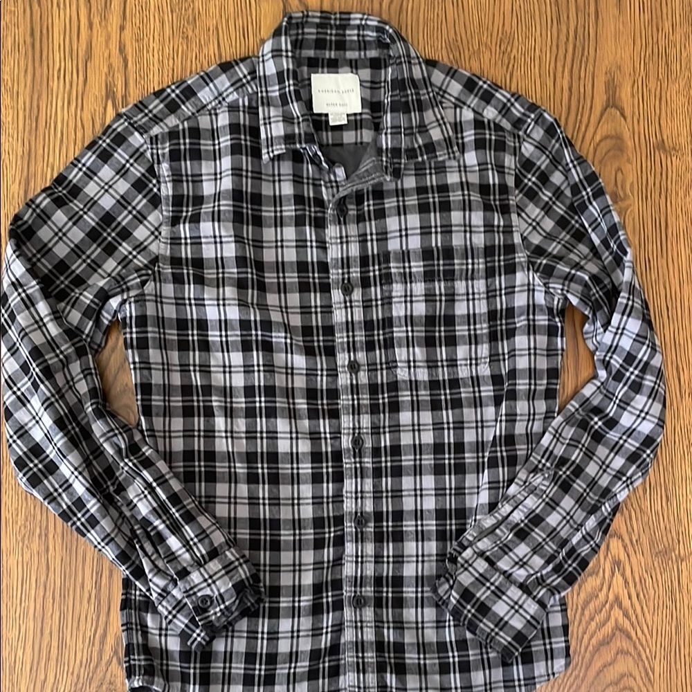 Black and Gray Plaid Men's Shirt American Eagle